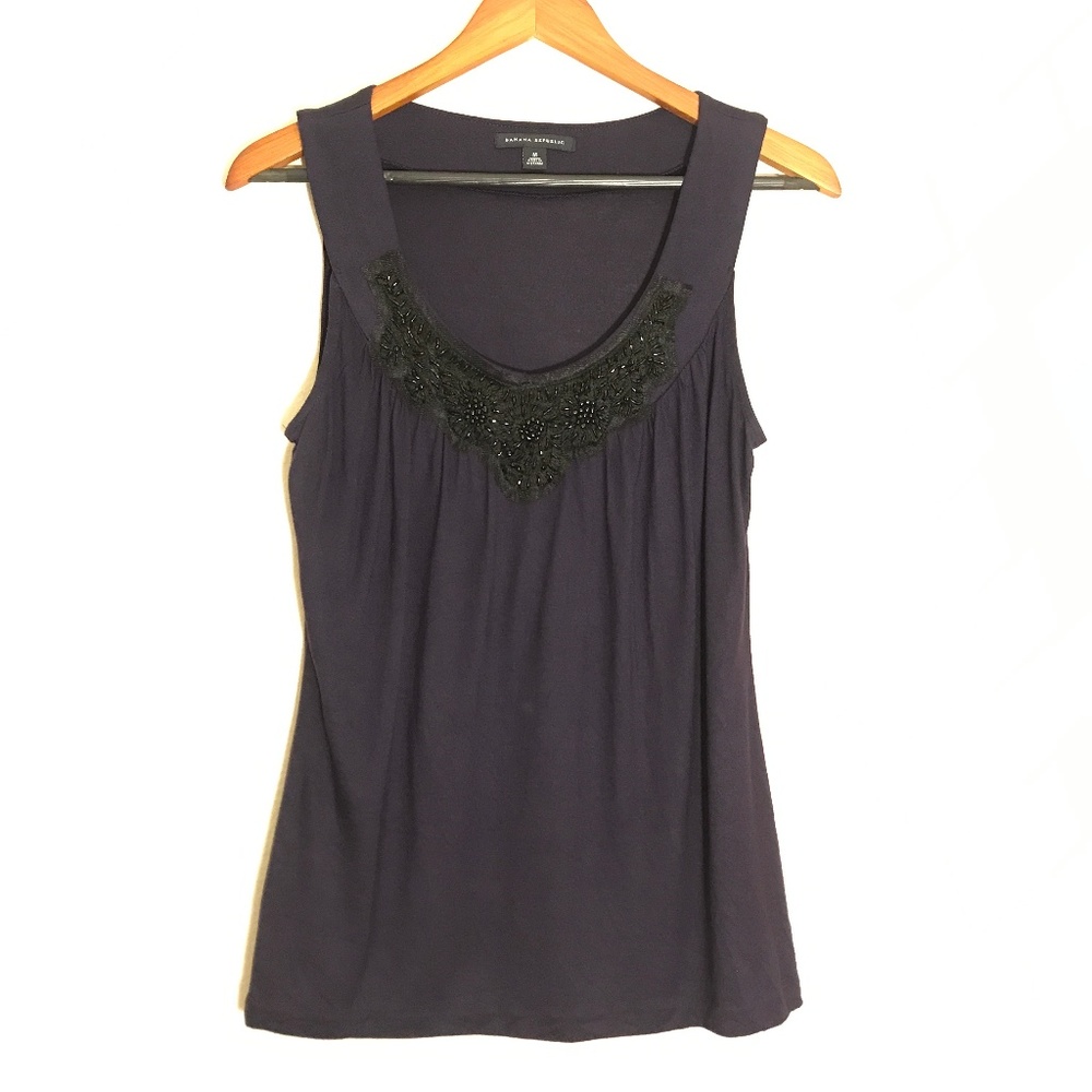 Banana Republic Floral Bead Detail Neckline Shirred Sleeveless Top